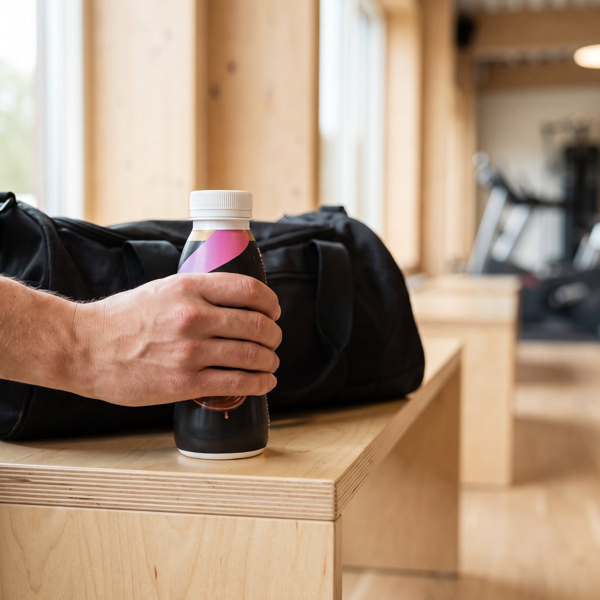 Ehrmann proteindryck med kreatin i handen på en träbänk i ett gym, bredvid en svart träningsväska