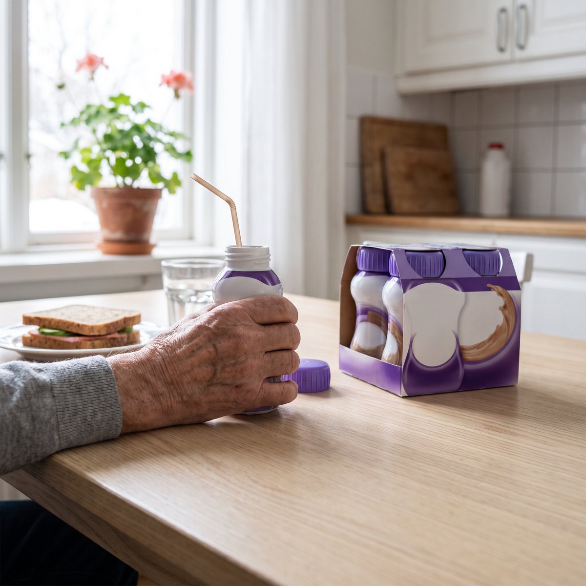 Nutridrink Protein 2.0 Mocca på ett köksbord i ett svenskt hem, med fyrpacket, en smörgås och ett glas vatten