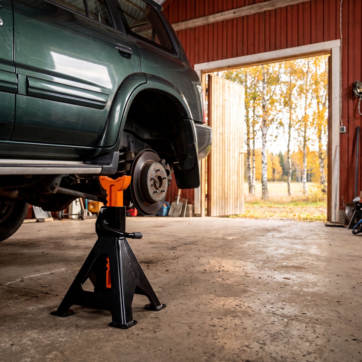 Svart pallbock med orange spärrpelare under bakaxeln på en grön SUV i ett rödmålat svenskt garage med björkar utanför