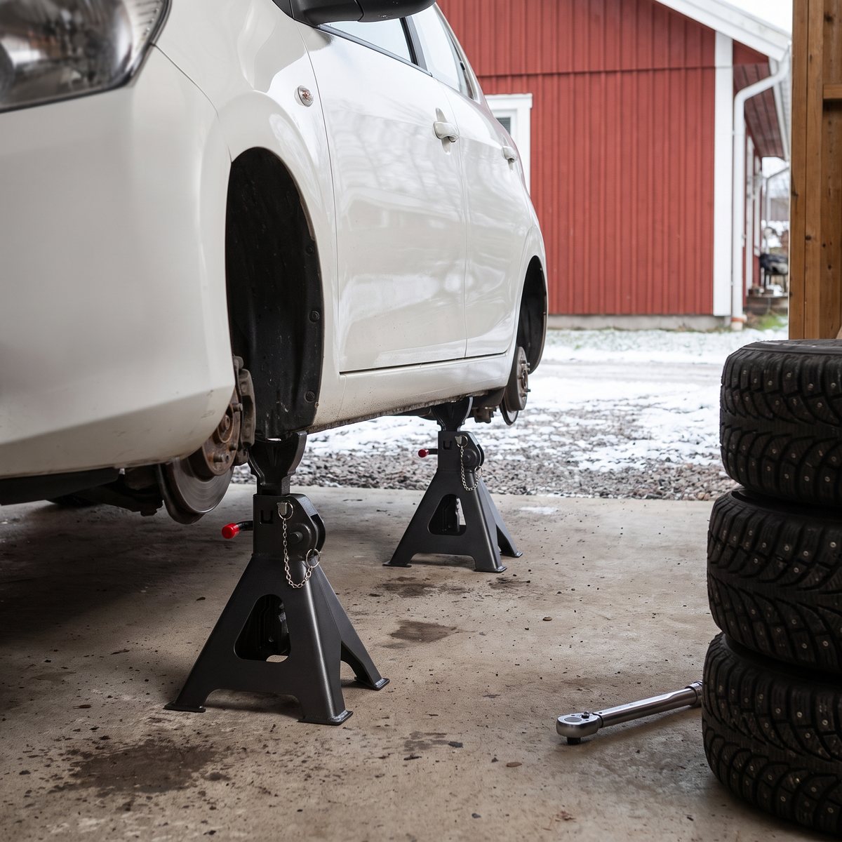 Två svarta pallbockar under en vit småbil vid däckbyte i en svensk carport med snö på uppfarten