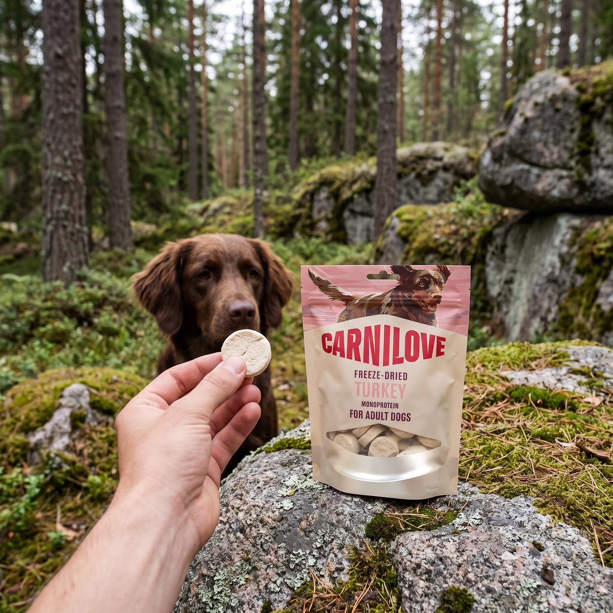 Hand som håller fram en frystorkad kalkonbit till en hund i svensk tallskog, med påsen Carnilove Freeze Dried Turkey på en mossig granithäll