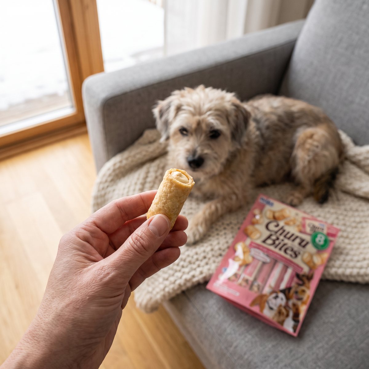 Hand som håller en fylld Churu-rulle framför en äldre hund som ligger på en stickad filt i en grå soffa i ett svenskt vardagsrum