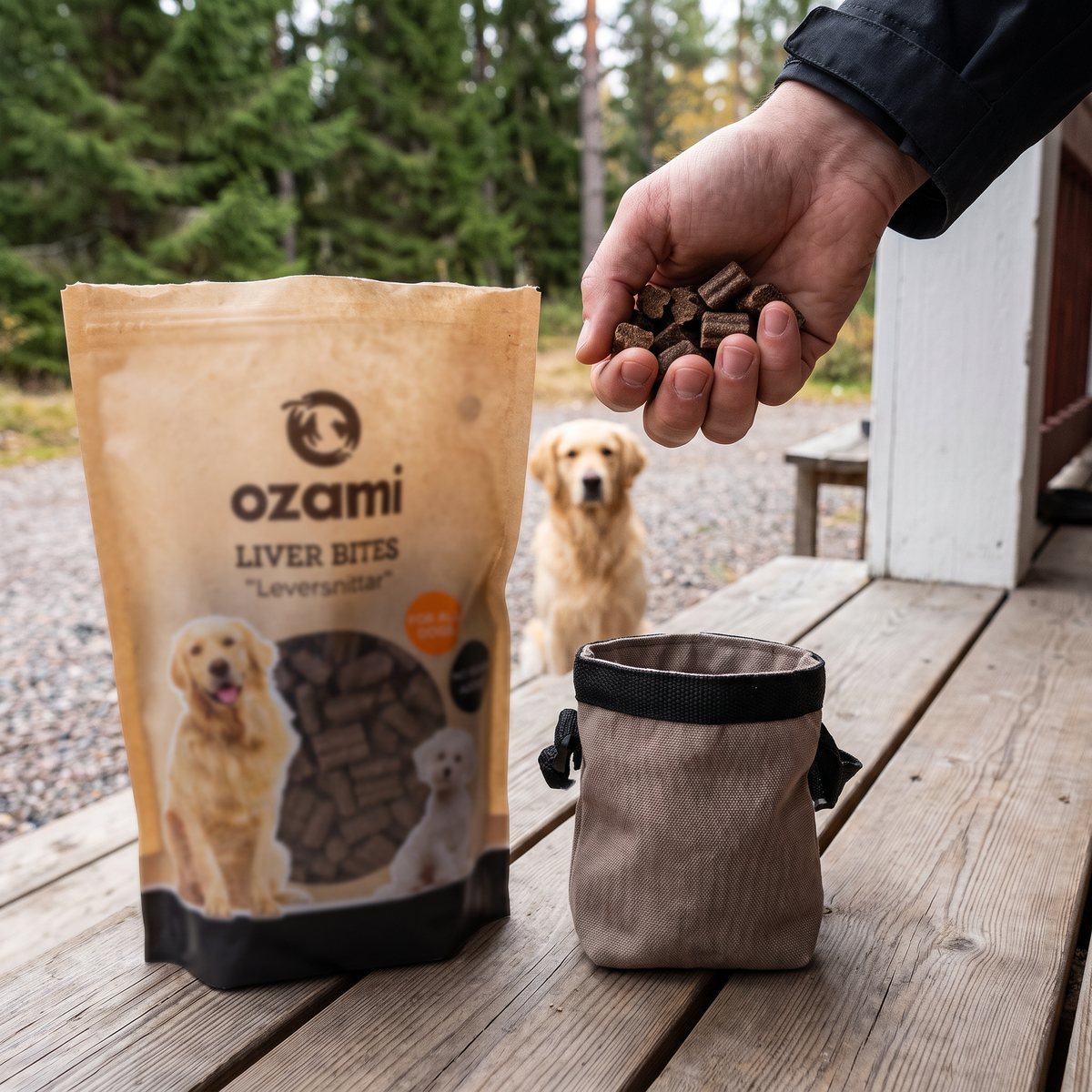Hand som tar en näve leversnittar ur den stora påsen Ozami Leversnittar på en träveranda, med godisväska och en väntande golden retriever i bakgrunden