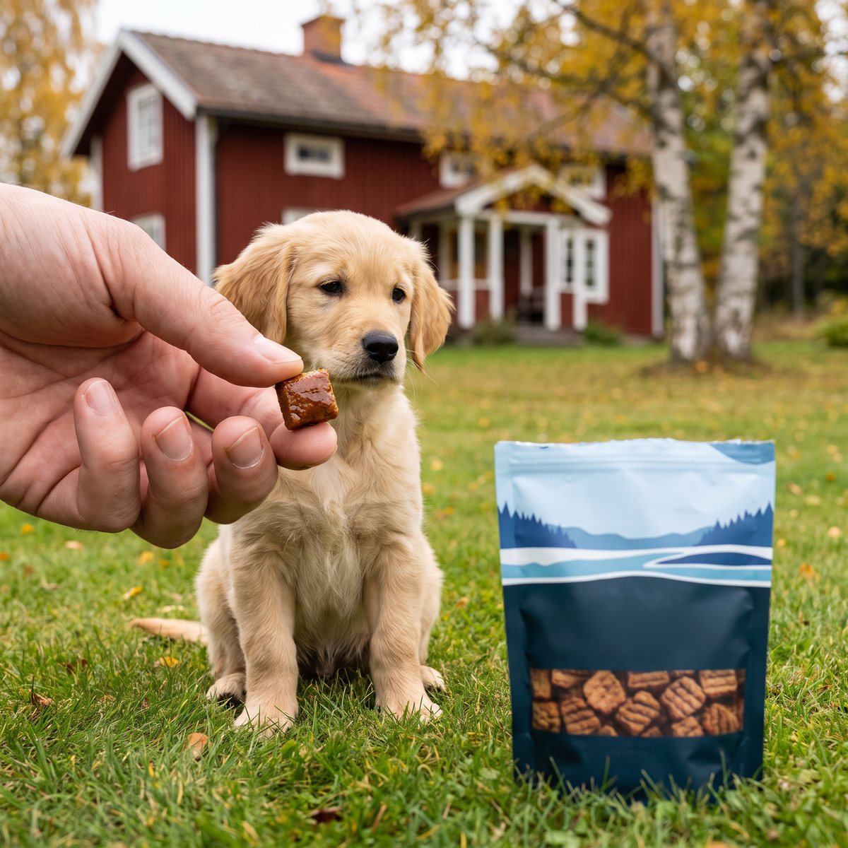 Valp som får en mjuk godisbit av PrimaDog Northern Treats Bits under träning på en gräsmatta framför ett rött trähus med björkar