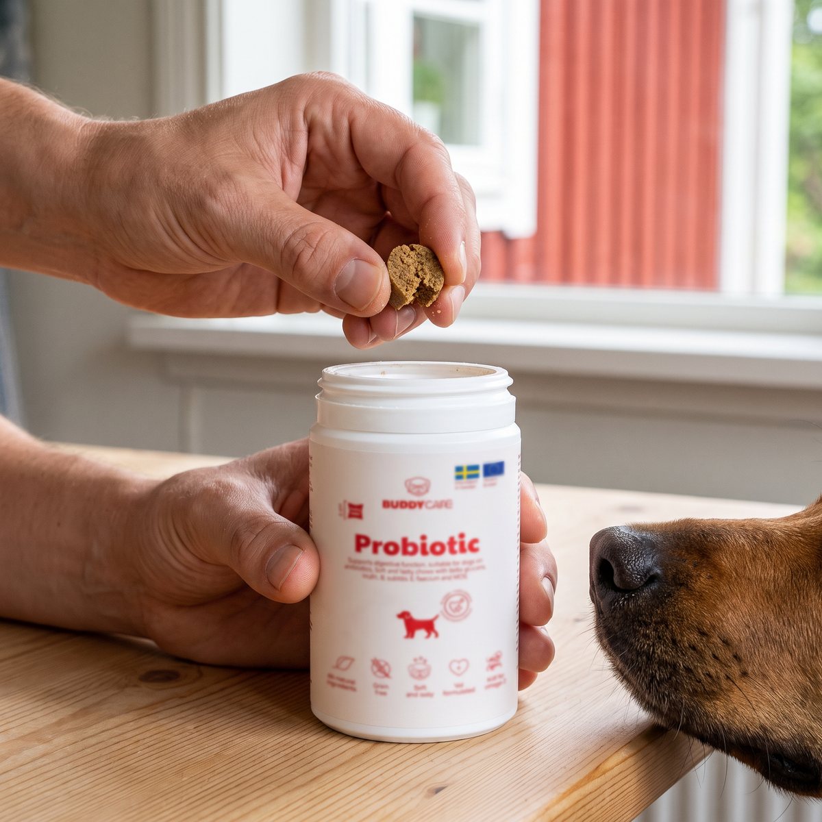 En mjuk tuggtablett BuddyCare Probiotic hålls över den öppna burken vid ett köksbord i trä, med en hundnos i kanten och ett rött trähus utanför fönstret