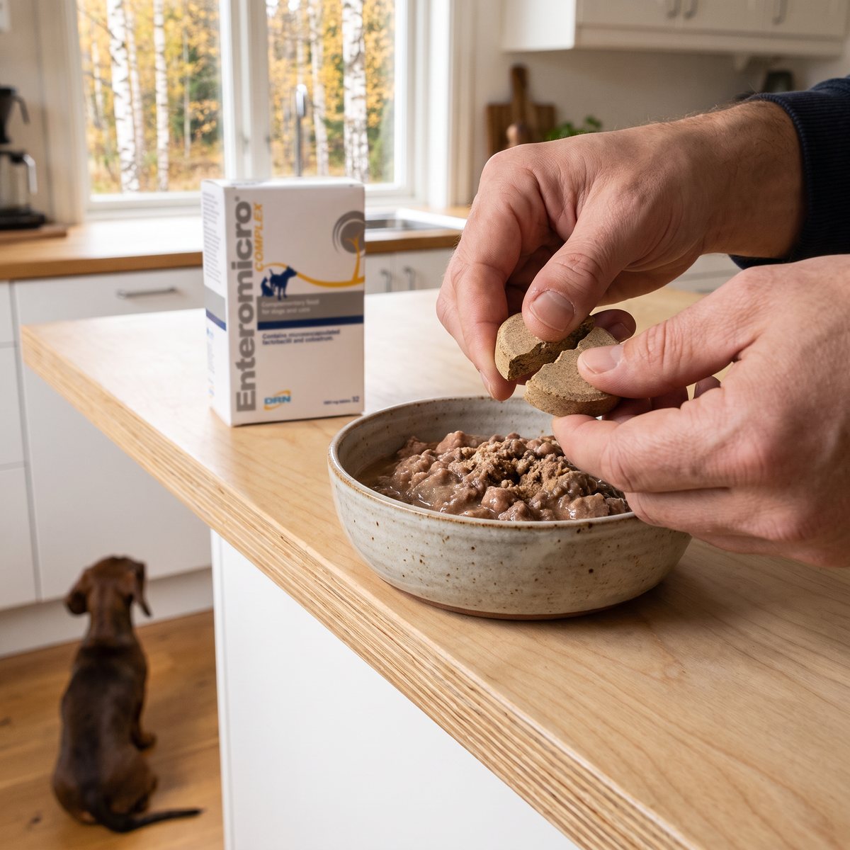 En tablett DRN Enteromicro Complex delas över en skål med blött foder på en köksbänk i trä, med kartongen bredvid och en tax på golvet