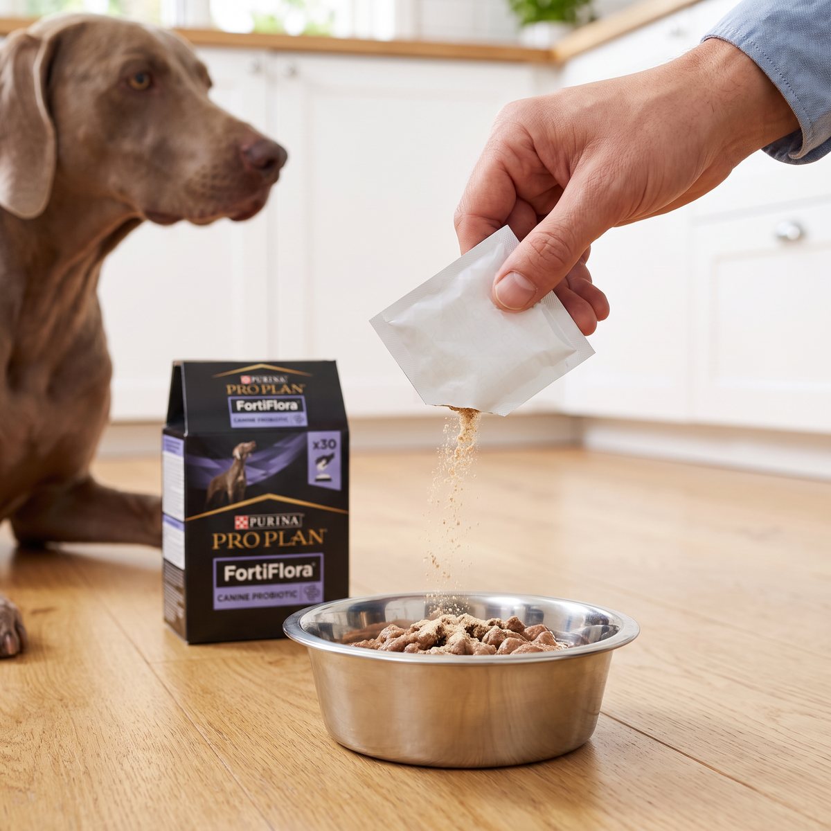 Purina Pro Plan FortiFlora strös ur en dospåse över våtfoder i en hundskål på ett ekgolv i ett ljust kök, med kartongen och en väntande hund i bakgrunden