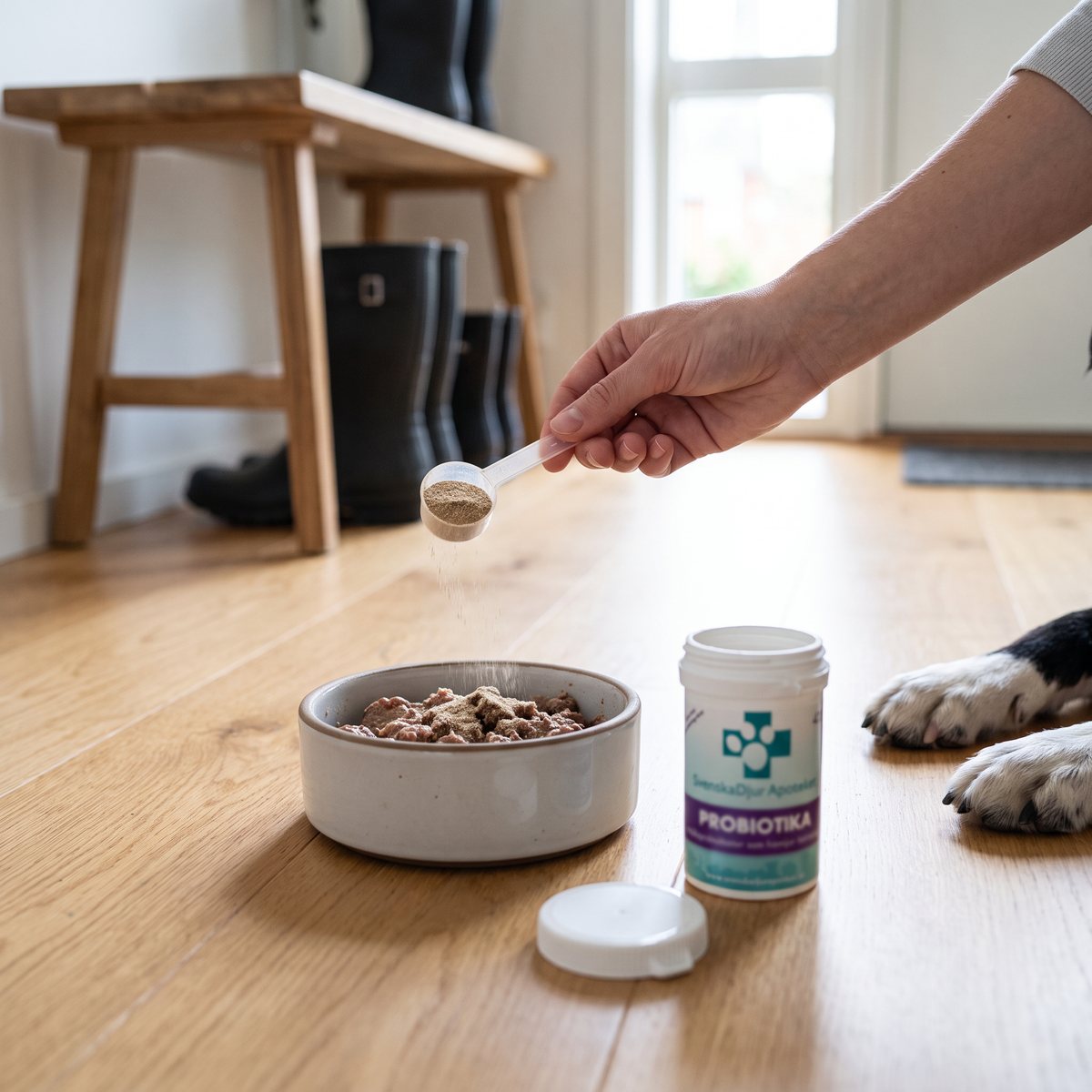 Svenska Djurapoteket Probiotika doseras med dosmåttet över blött foder i en hundskål på ett ekgolv i en hall med gummistövlar