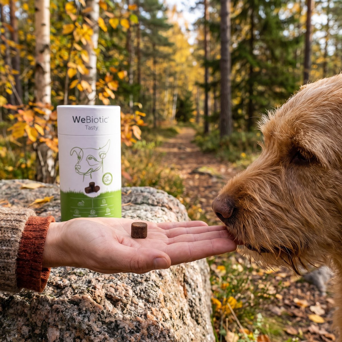 En mjuk tuggbit WeBiotic Tasty bjuds i handflatan till en strävhårig hund på en skogsstig bland tall och björk på hösten, med burken på en granitsten