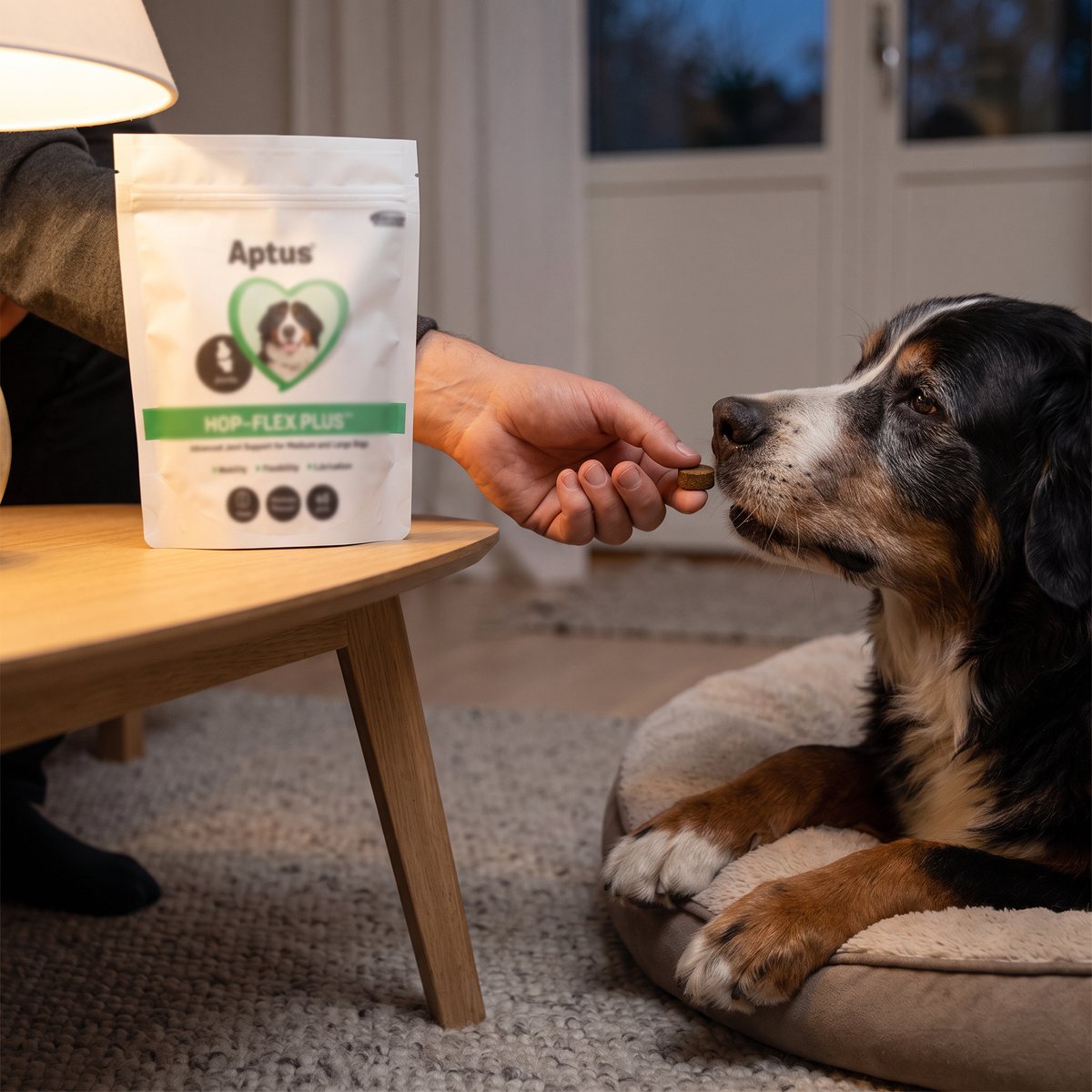 Påse med Aptus HopFlex Plus på ett soffbord i ett svenskt vardagsrum, en hand ger en tuggtablett till en berner sennenhund på sin bädd