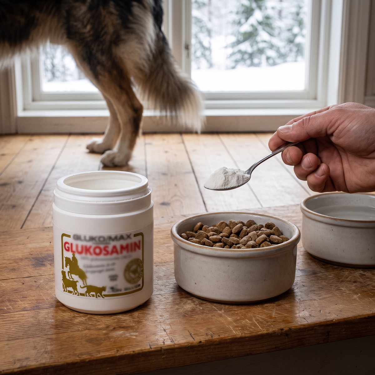 Burk med Glukomax glukosamin bredvid en skål hundfoder på ett träbord i ett lantkök, en hand håller en sked med vitt pulver och en hund står vid det snöiga fönstret