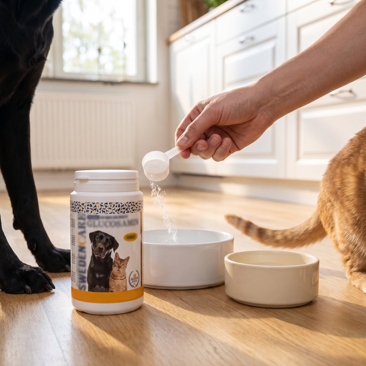 Burk med glukosaminpulver för hund och katt på ett köksgolv, en hand strör ett mått pulver i en skål medan en svart hund och en rödbrun katt väntar