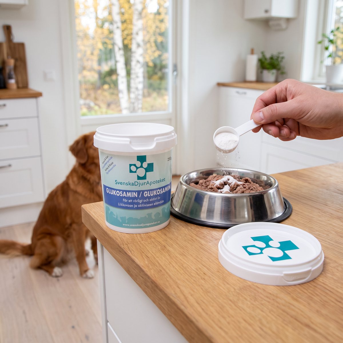Burk med Svenska DjurApoteket Glukosamin på en ekbänk i ett ljust svenskt kök, en hand strör ett dosmått pulver över blötmat i en hundskål medan en hund väntar