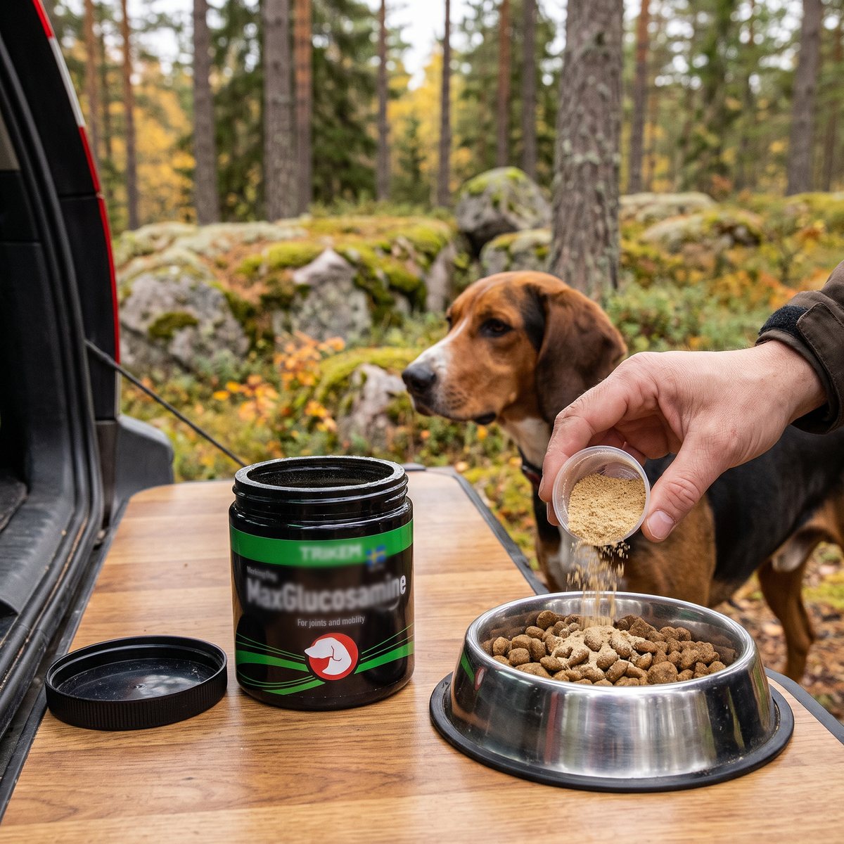 Svart burk med Trikem WorkingDog Max Glucosamine på bilens baklucka i en svensk tallskog, en hand strör pulver över torrfoder medan en jakthund väntar