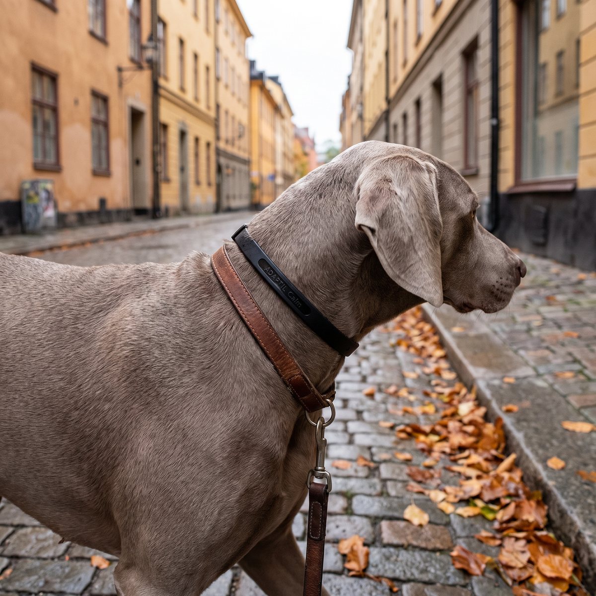 Grå hund med svart Adaptil-halsband intill sitt vanliga läderhalsband på en kullerstensgata i en svensk stad på hösten