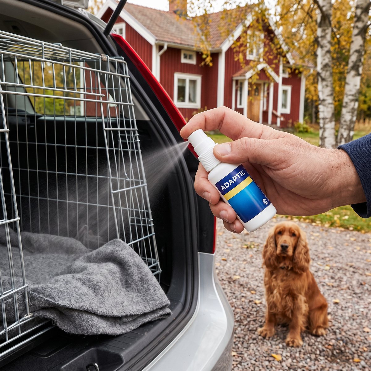 Hand sprayar Adaptil Transport Spray in i en hundbur med filt i bilens bagageutrymme medan en cockerspaniel väntar utanför ett rött svenskt trähus