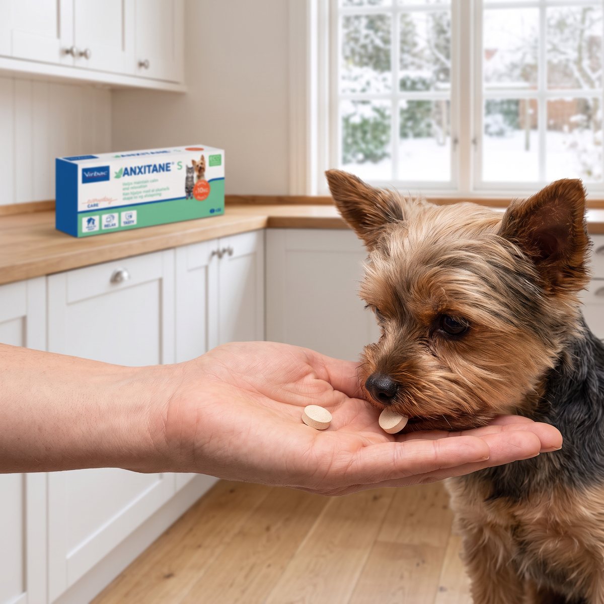 Liten yorkshireterrier tar en Anxitane-tablett ur en öppen hand i ett ljust svenskt kök på vintern