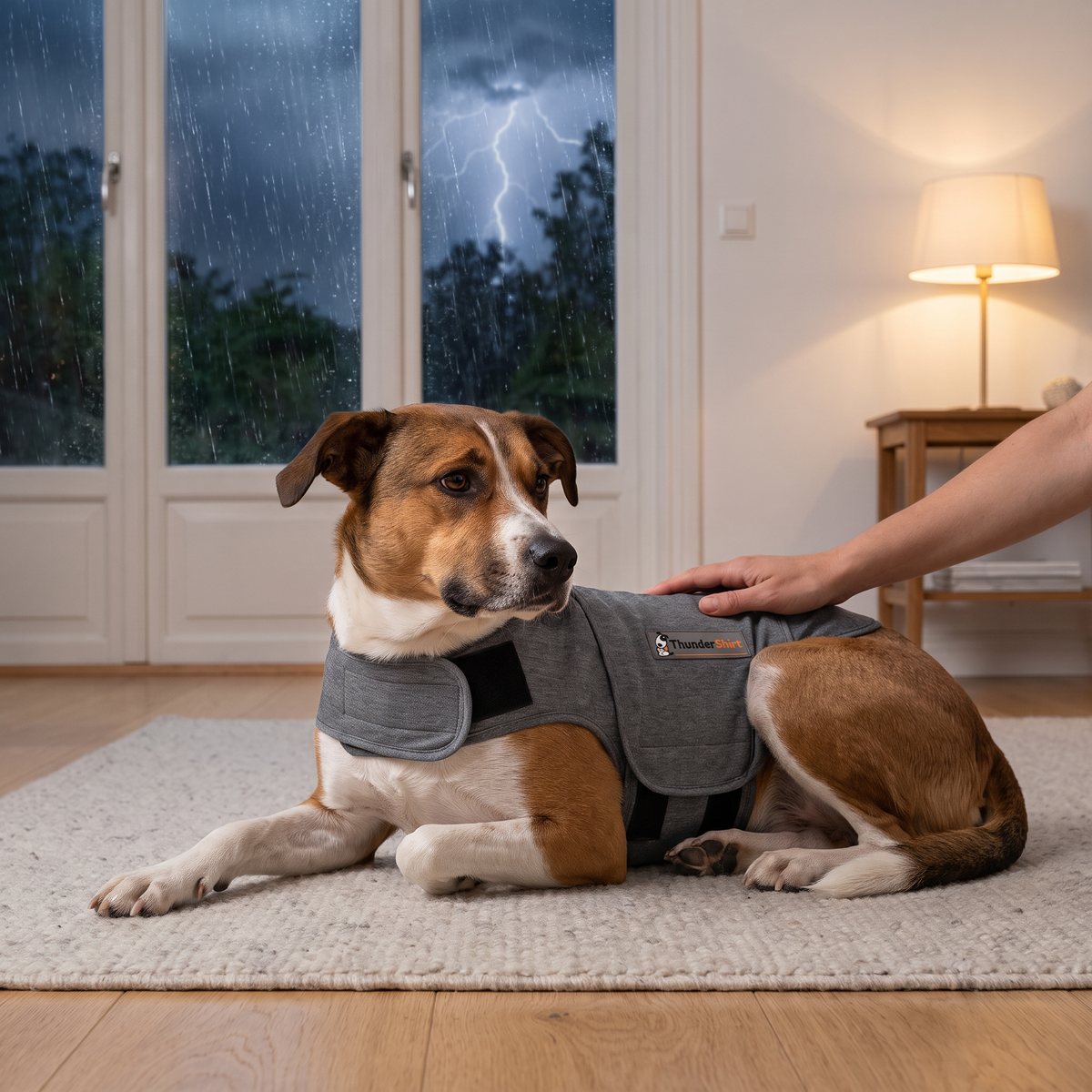 Hund i grå Thundershirt tryckväst ligger på en ullmatta i ett svenskt vardagsrum medan åskan blixtrar utanför fönstret