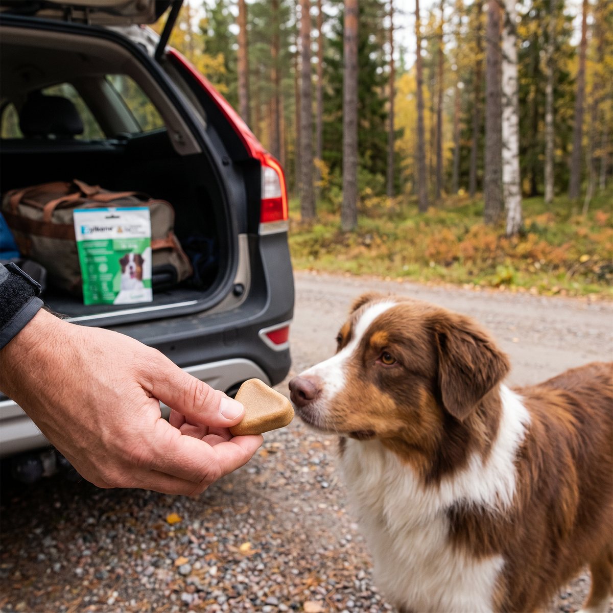 Hand räcker fram en Zylkène-tuggbit till en hund vid bakluckan på en bil vid en svensk skogsväg på hösten