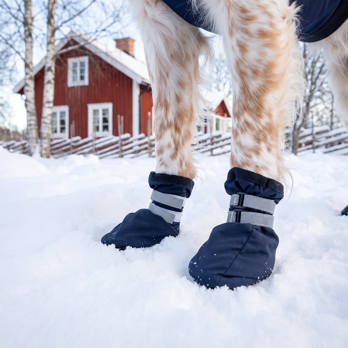 Engelsk setter med marinblå Feel Active Snow-strumpor med reflexband i pudersnö framför en röd stuga