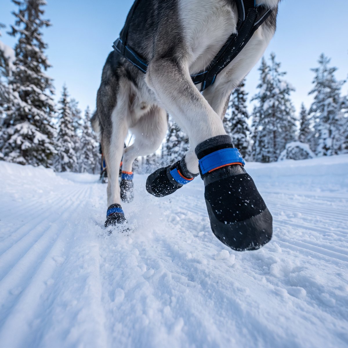 Draghund i sele som springer på ett preparerat snöspår i norrländsk granskog med svarta Non-stop Dogwear Protector-booties