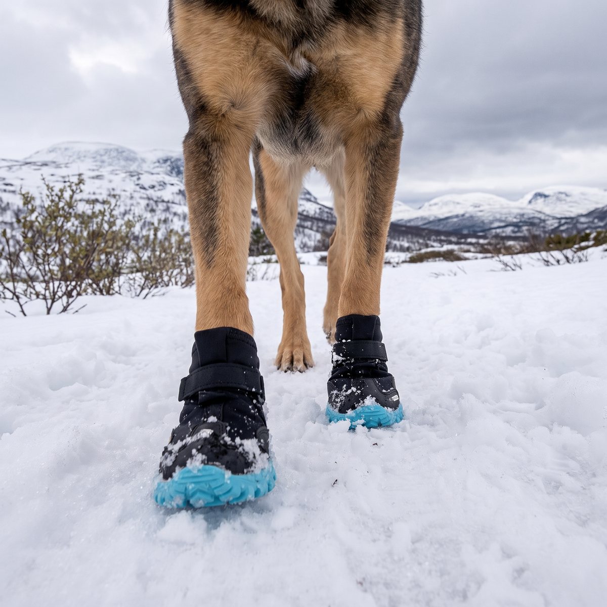 Hund med svarta Ruffwear Polar Trex-skor med blå gummisula på framtassarna i blöt snö på svenska fjället