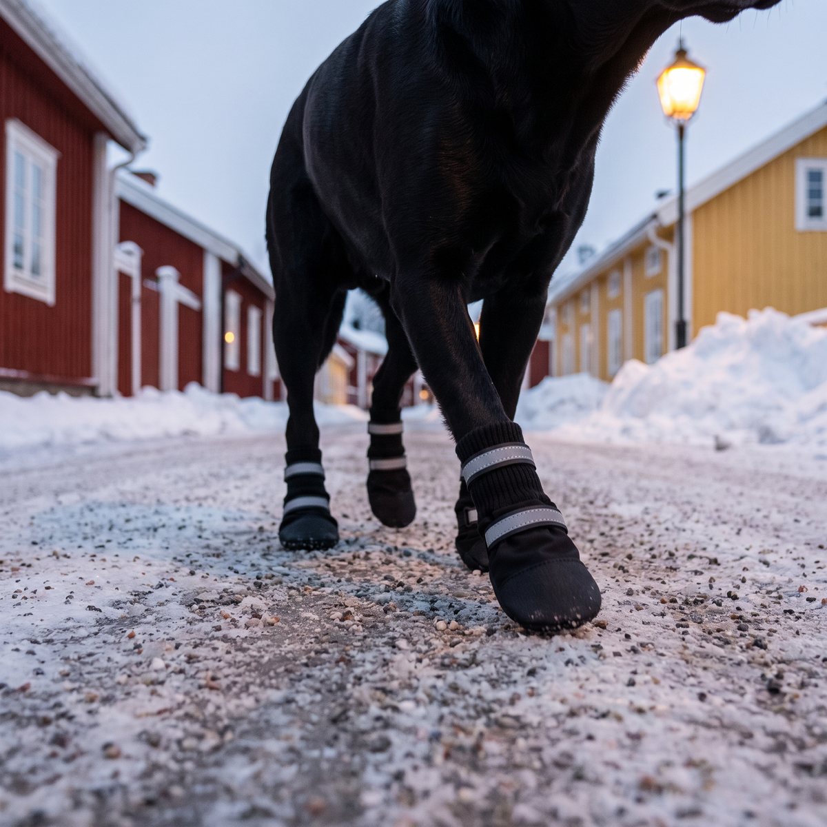 Svart labrador med svarta fleecefodrade Rukka Thermal Winter-hundskor på saltad och grusad trottoar i en svensk småstad en vinterkväll