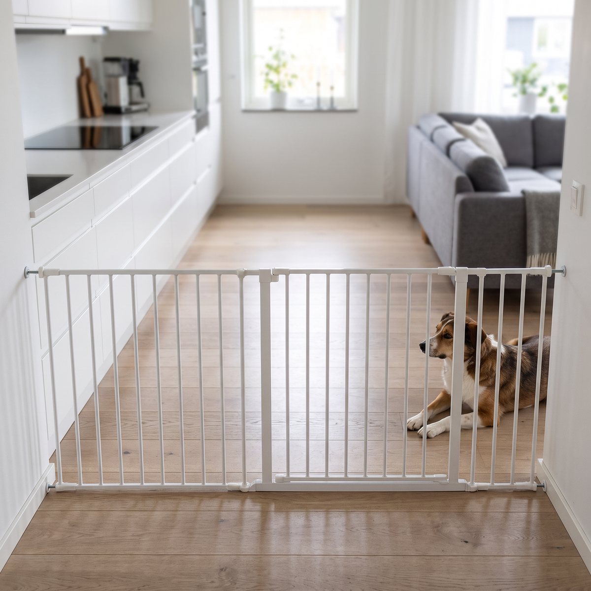 Lång vit utdragbar hundgrind över den breda öppningen mellan kök och vardagsrum, en hund ligger på vardagsrumssidan
