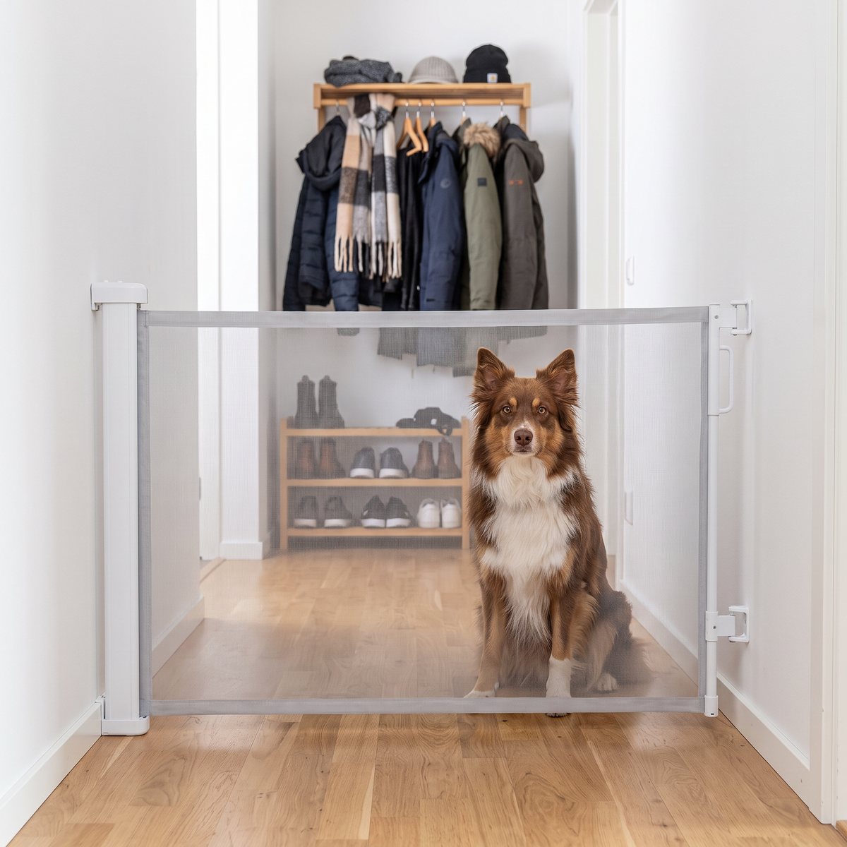 Ljusgrå rullbarriär utdragen tvärs över en smal hall, en australian shepherd sitter bakom