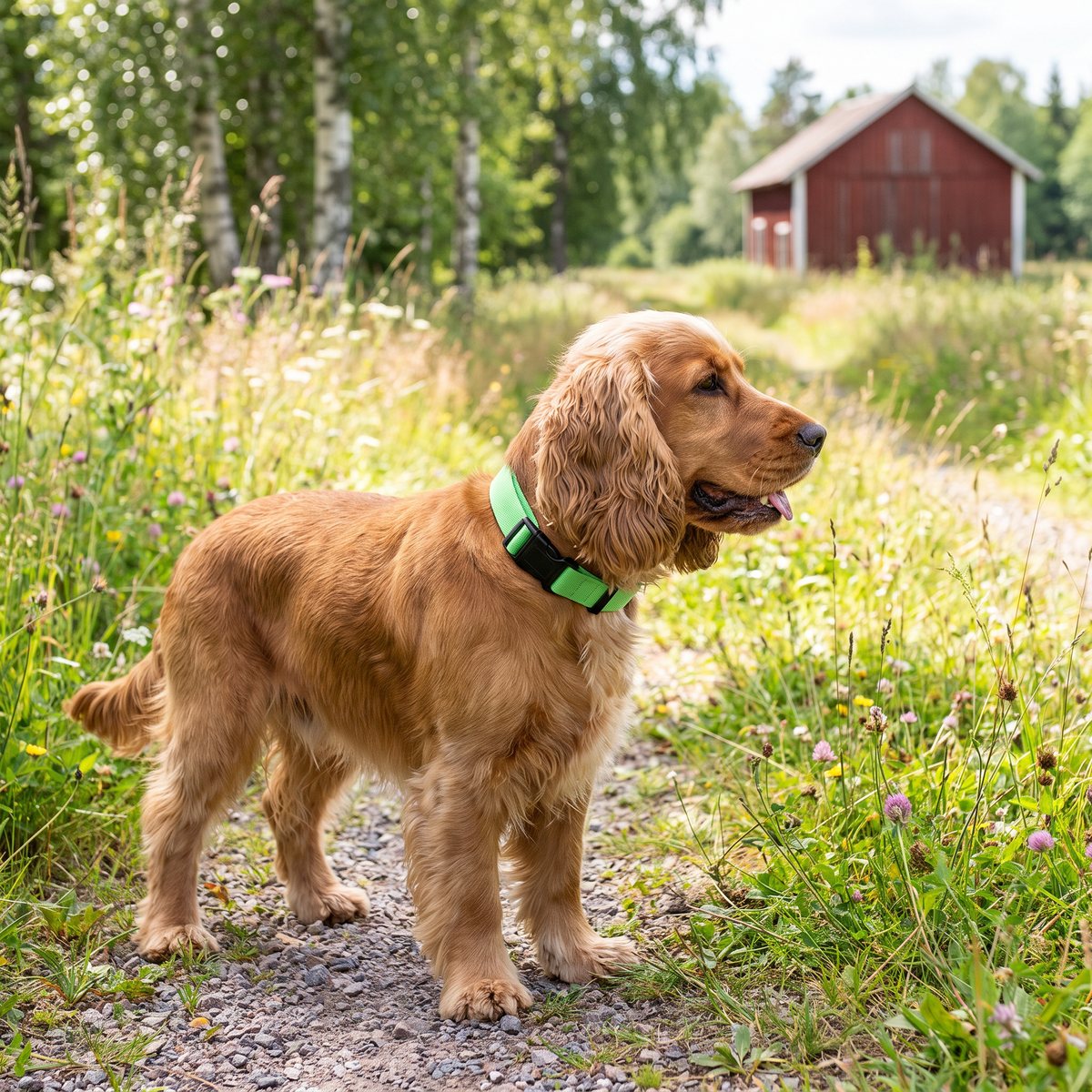 Cockerspaniel med grönt Petwise-halsband på en grusväg genom en svensk sommaräng