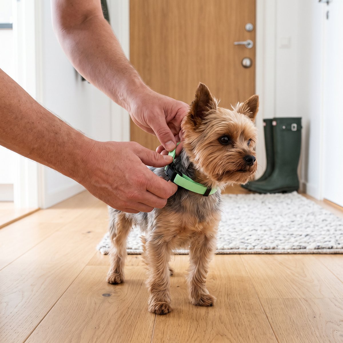 Händer som spänner fast ett grönt Petwise-halsband på en yorkshireterrier i en ljus hall