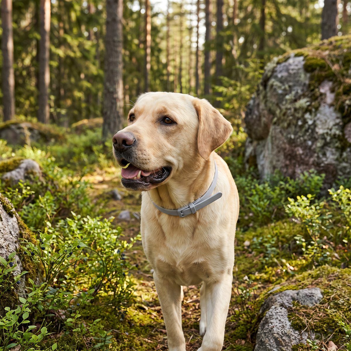 Ljus labrador med grått Seresto-halsband på en mossig stig i svensk tallskog