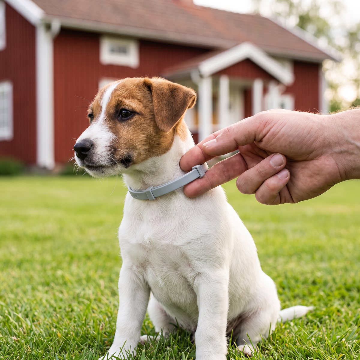 Hand som kontrollerar ett tunt grått Seresto-halsband på en jack russell-valp framför ett rött trähus