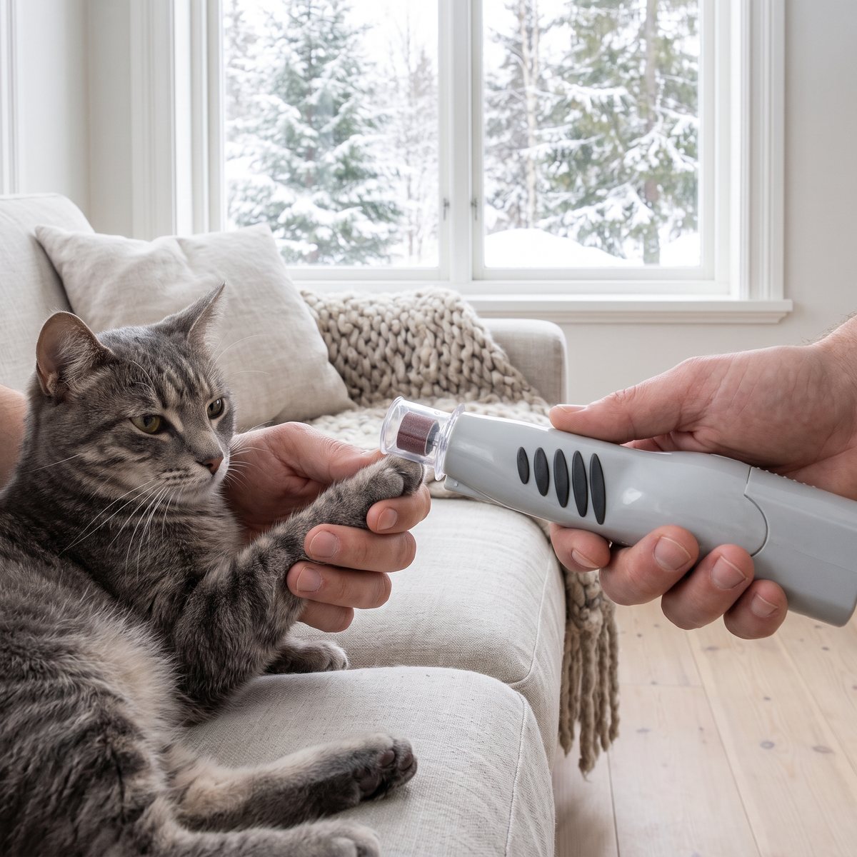 Ljusgrå kloslip med genomskinlig kåpa och slipband som hålls fram mot tassen på en grå tabbykatt i en ljus soffa i ett svenskt vardagsrum med snöig granskog utanför fönstret