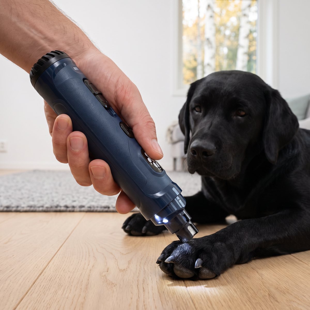 Mörkblå kloslip med två tända LED-lampor som slipar en svart klo på en svart labrador som ligger på ett ljust trägolv i ett svenskt vardagsrum