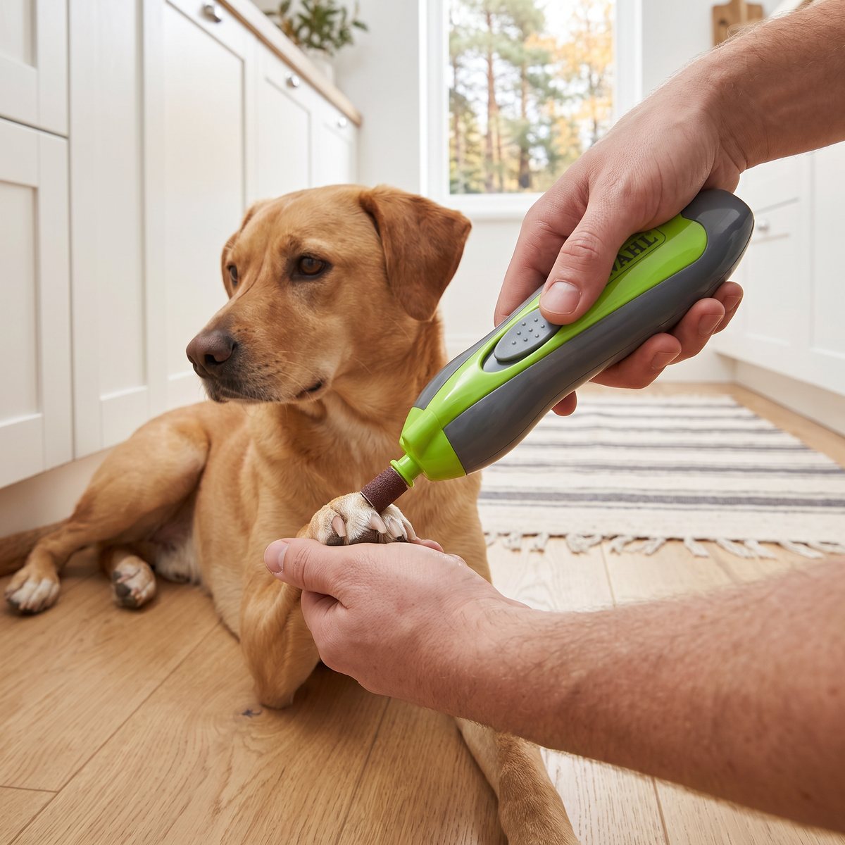 Grå och limegrön batteridriven kloslip som slipar klon på en ljusbrun hund som ligger på ett ljust ekgolv i ett svenskt kök med vita köksluckor