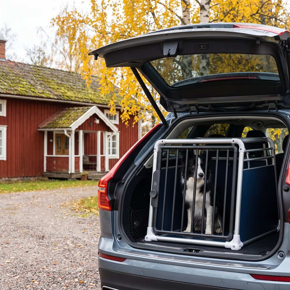 4Pets ECO Bilbur med en border collie i bagageutrymmet på en SUV framför ett rött trähus med björkar i höstfärger