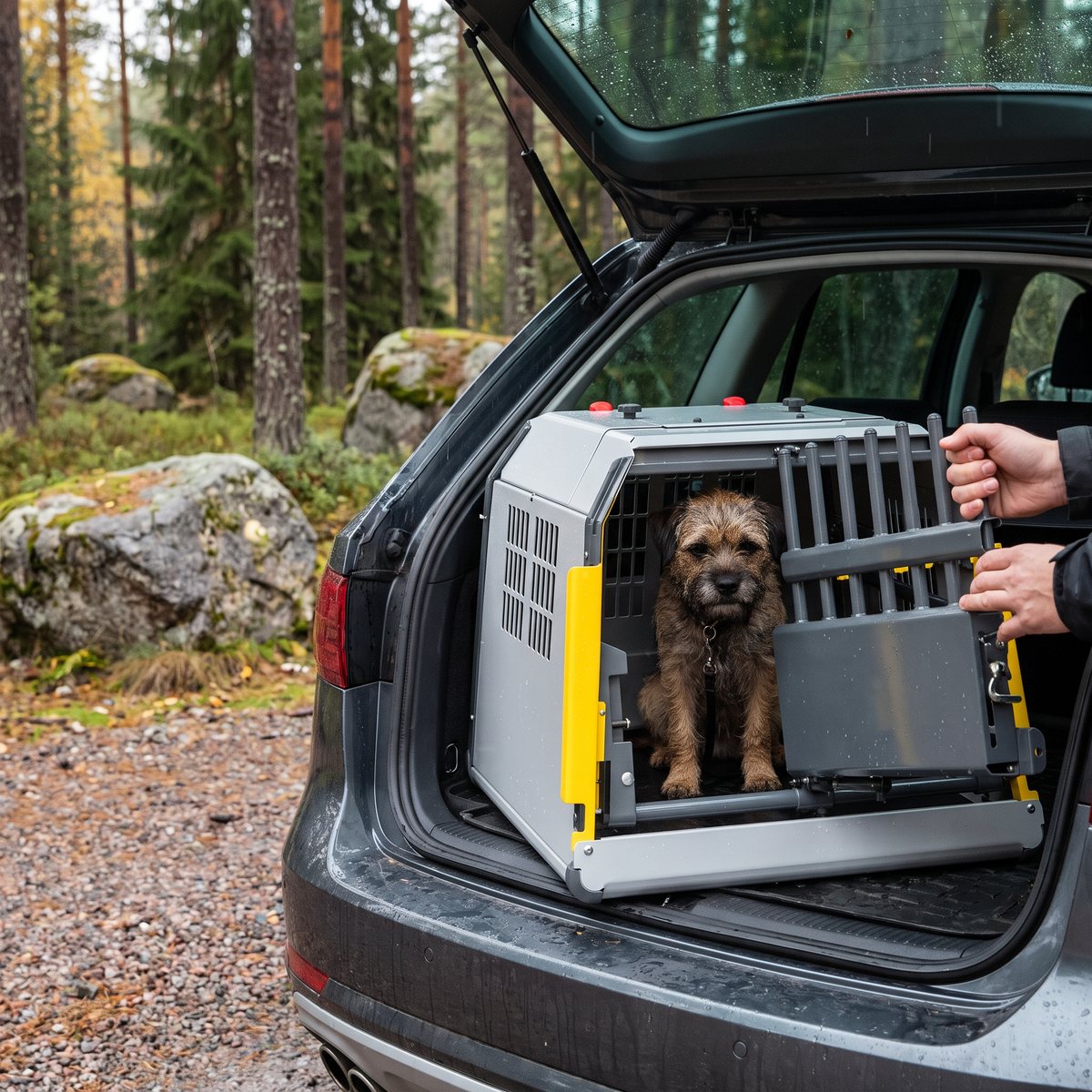 MiM Variocage Compact med en blöt terrier i bagageutrymmet på en kombi vid en skogsparkering med tallar och mossiga granitblock