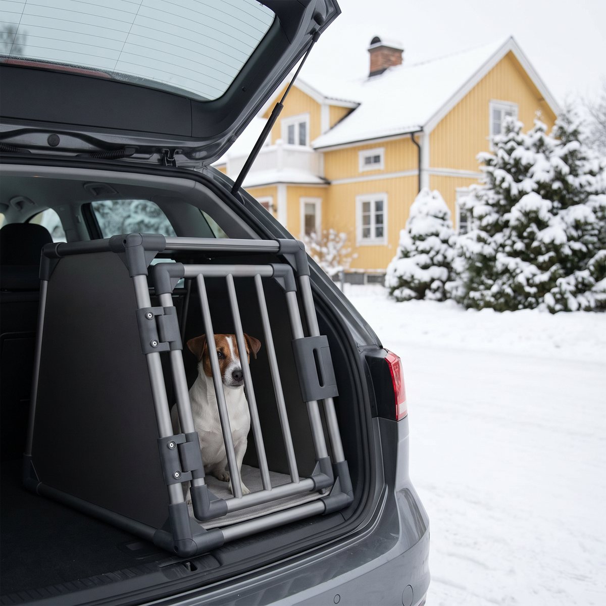 Trixie aluminiumbur med en jackrussellterrier i bagageutrymmet framför en gul villa på en snöig gata