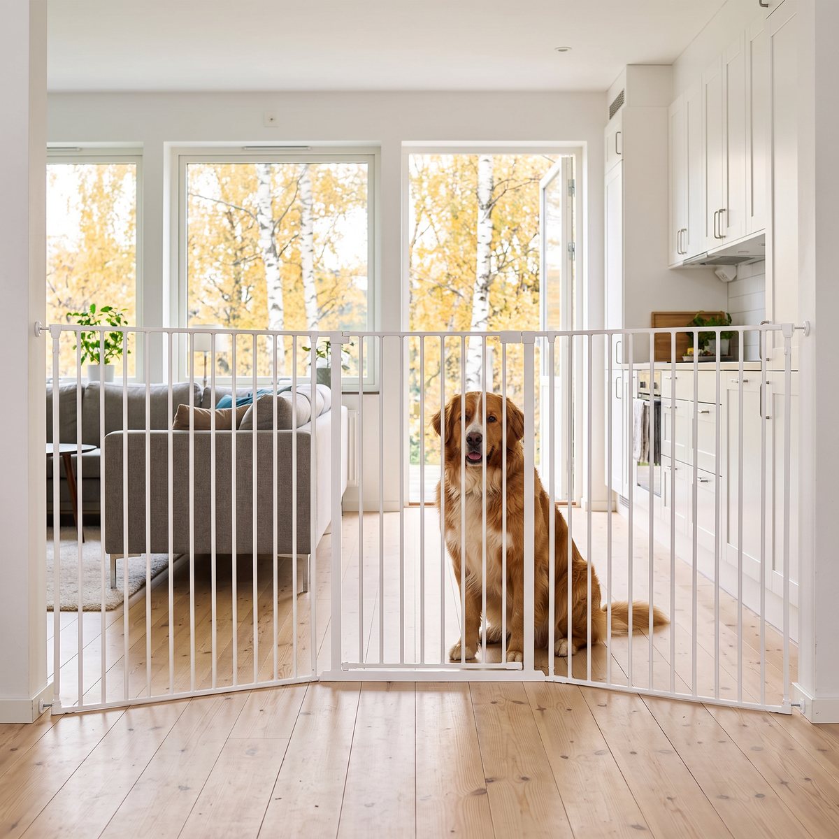 Vit DogSpace Rocky sektionsgrind som stänger av en bred öppning mellan vardagsrum och kök i en ljus svensk lägenhet, med en stor hund bakom grinden