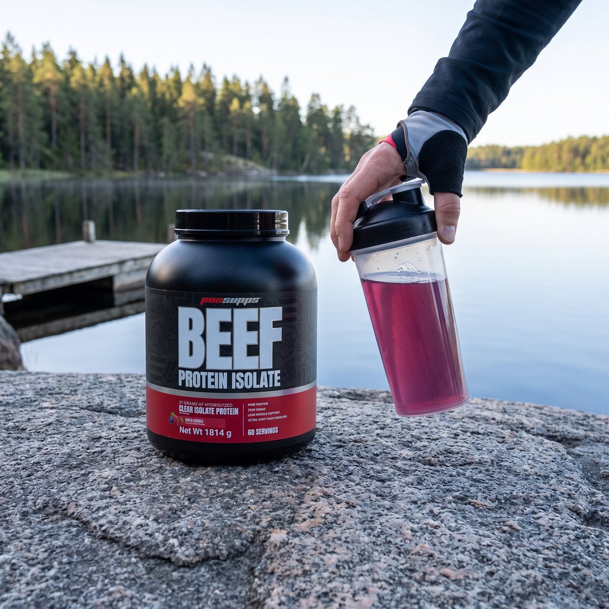 Svart burk med Pro Supps Clear Beef Protein Isolate på en granithäll vid en svensk sjö, en hand håller en shaker med klar bärröd dryck