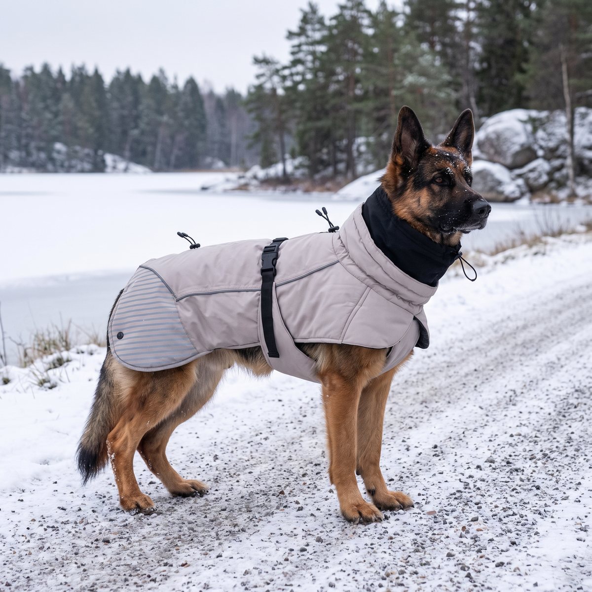 Schäfer i en ljusgrå Feel Active Voss Parka med hög svart krage på en snöig grusväg vid en frusen sjö