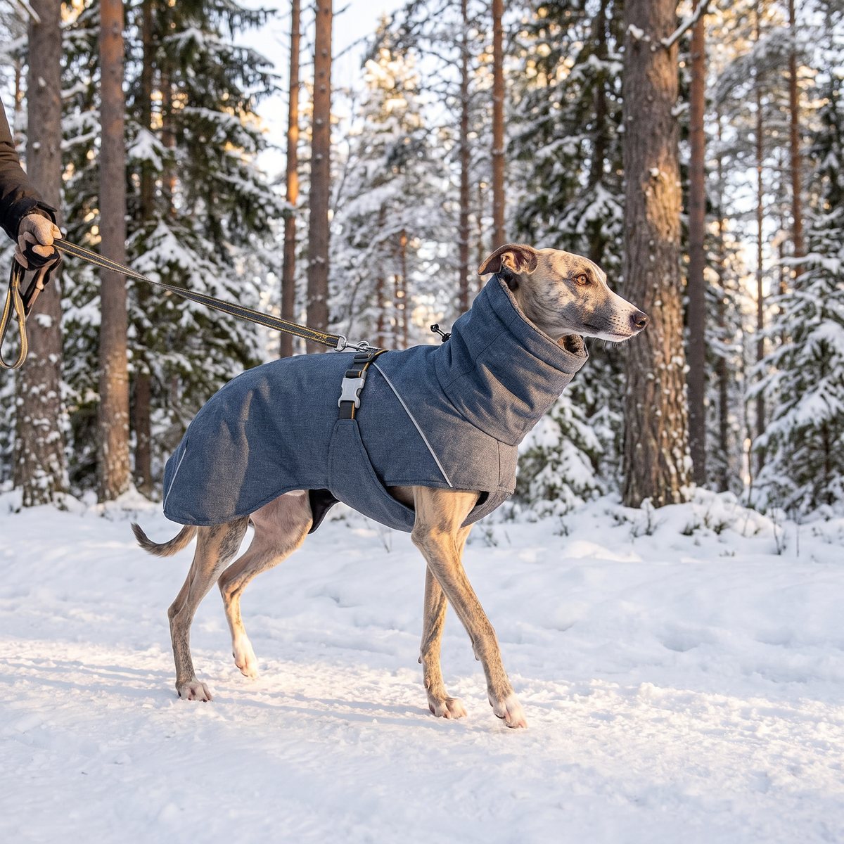 Whippet i ett gråblått Hurtta Expedition Parka II med hög krage på en snöig skogsväg bland tallar