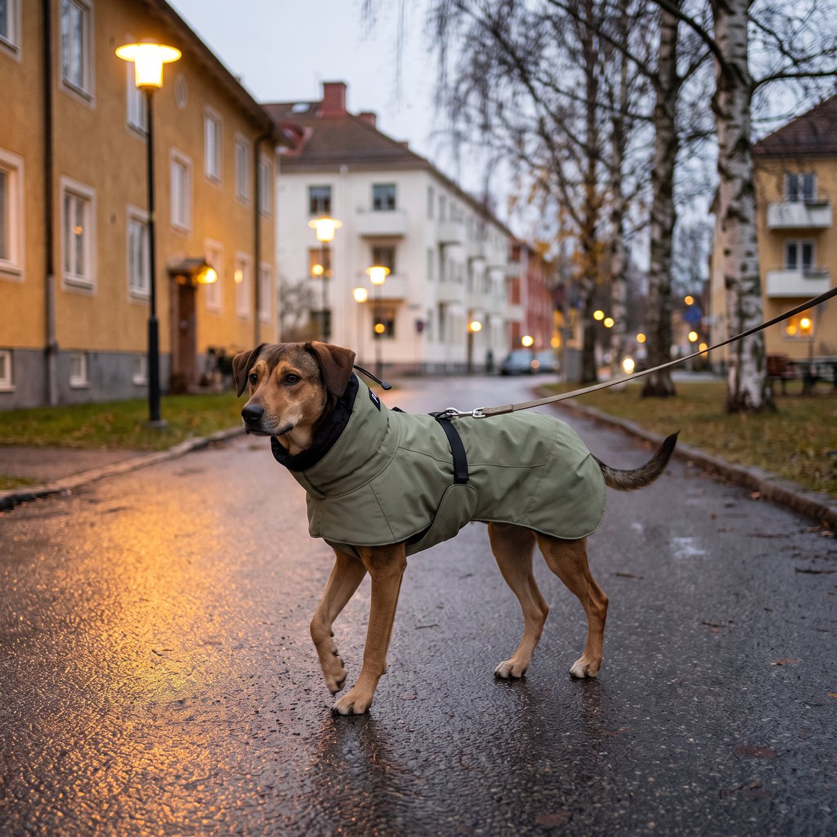 Hund i ett olivgrönt Paikka-vintertäcke på en blöt gata i ett svenskt bostadsområde en höstkväll
