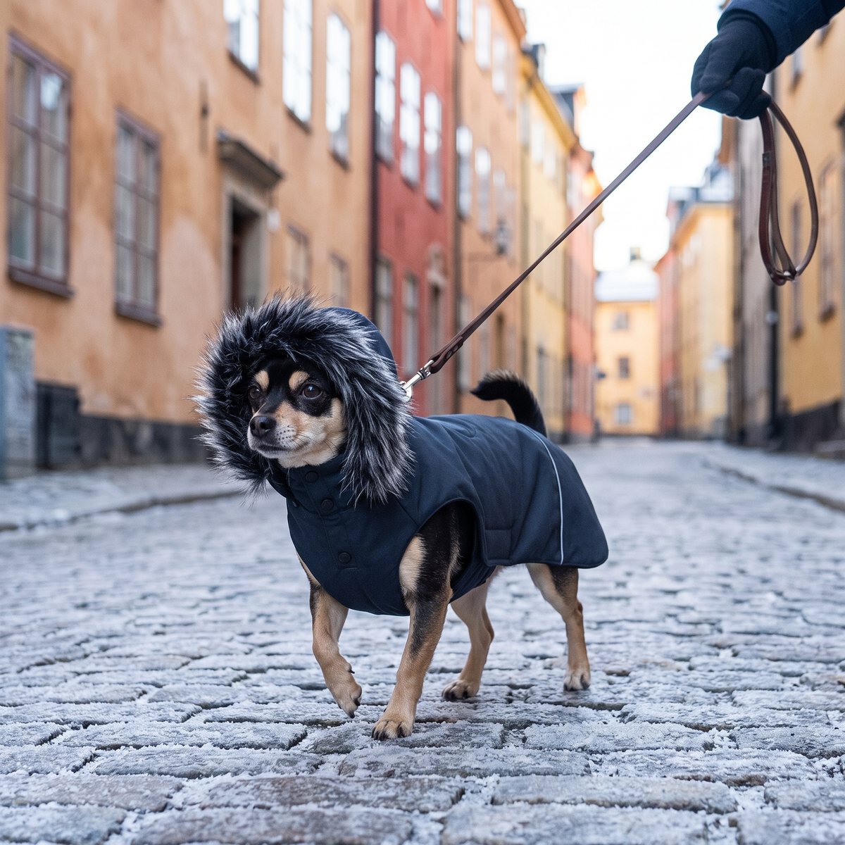Liten hund i en mörkblå Rukka Frostbiter-vinterjacka med fuskpälsluva på en frostig kullerstensgata