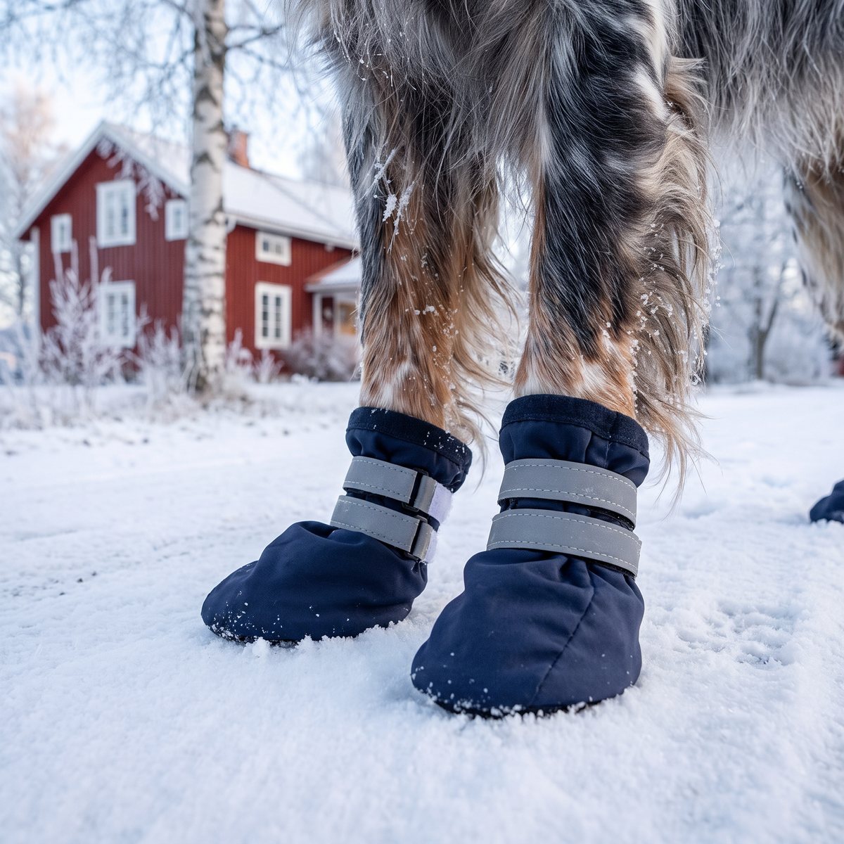 Långhårig hund i mörkblå vadderade hundstrumpor med reflexband i snön framför ett rött trähus