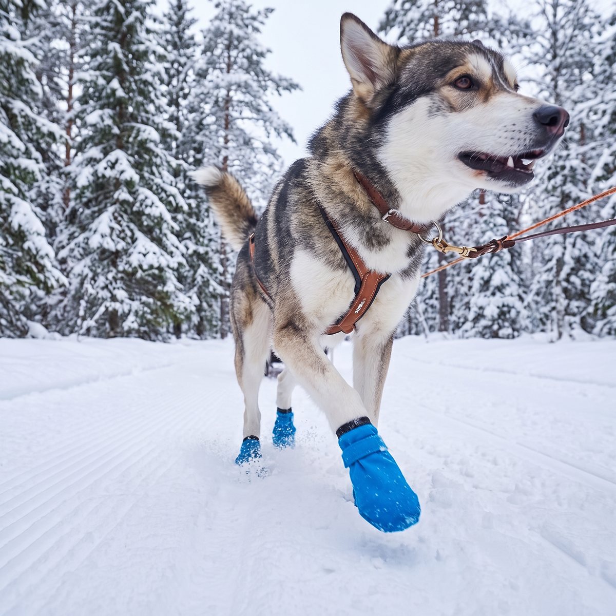 Draghund i sele med blå snösockor på ett pistat spår i snöig granskog
