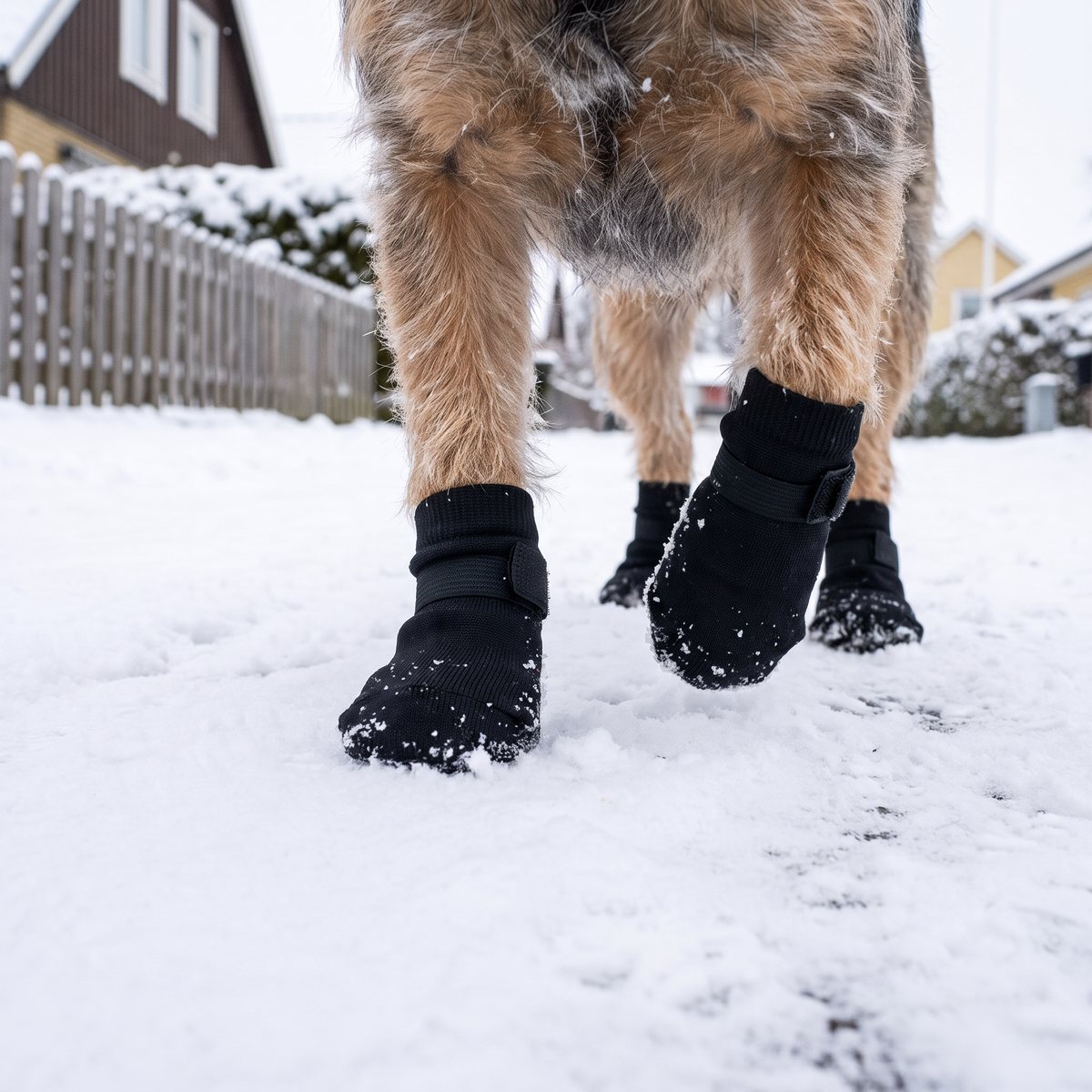 Hund i svarta hundstrumpor med kardborreknäppning på en snöig trottoar i ett villaområde