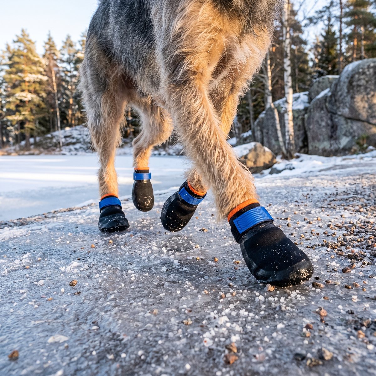 Hund i svarta gummerade hundstrumpor med blått kardborreband på en isig, saltad grusväg vid en frusen sjö