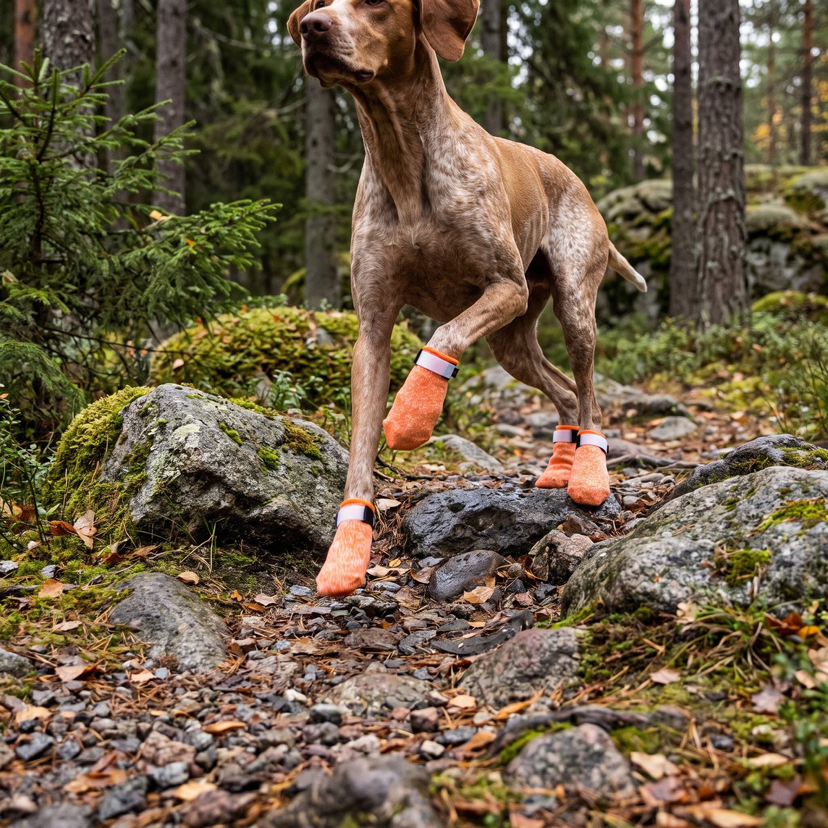 Fågelhund i orange stickade hundstrumpor springer på en stenig stig i svensk granskog